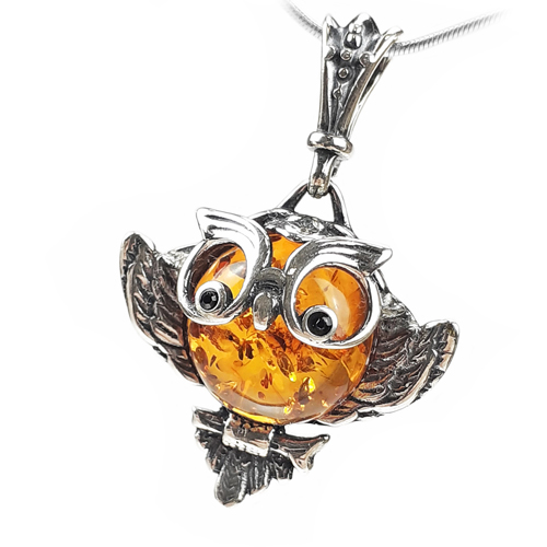 Stříbrný Přívěsek Sova s originálním Jantarem ze stříbra dárek Pro Maminčinu Ženu