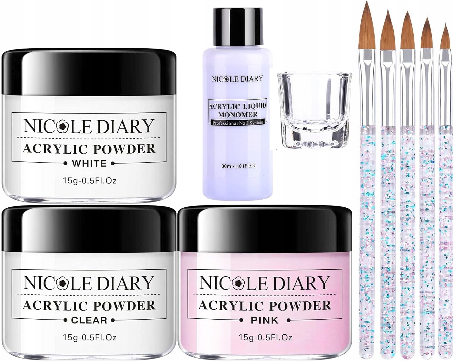 ZESTAW DO PAZNOKCI AKRYLOWYCH 3x PROSZEK PŁYN FORMY PĘDZLE NICOLE DIARY 0E1