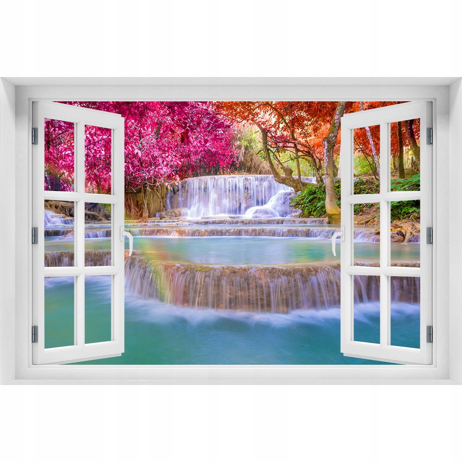 

Naklejka Fototapeta 3D Okno widok Wodospad w lesie