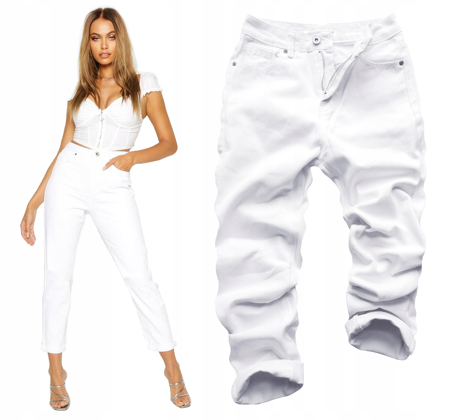

Spodnie Boyfriend Mom Jeans Białe Wysoki Stan