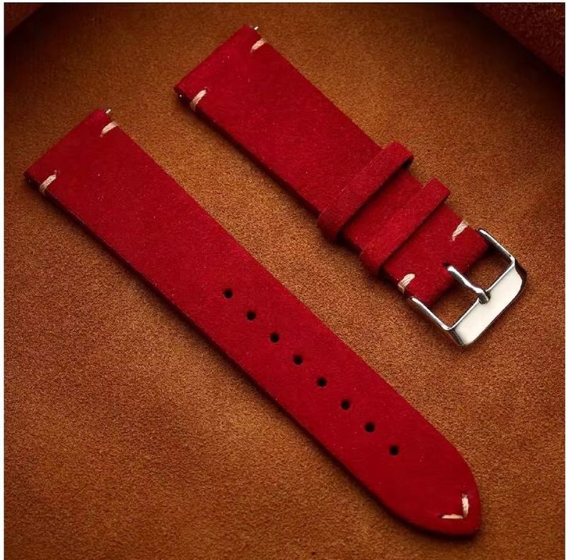 Pasek do damskiego męskiego zegarka 18 mm skóra nubukowa czerwony bordowy
