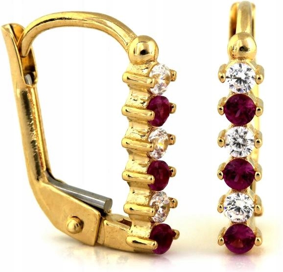 Zlaté náušnice 585 čárky červené zirkony 14k elegantní vzor dárek
