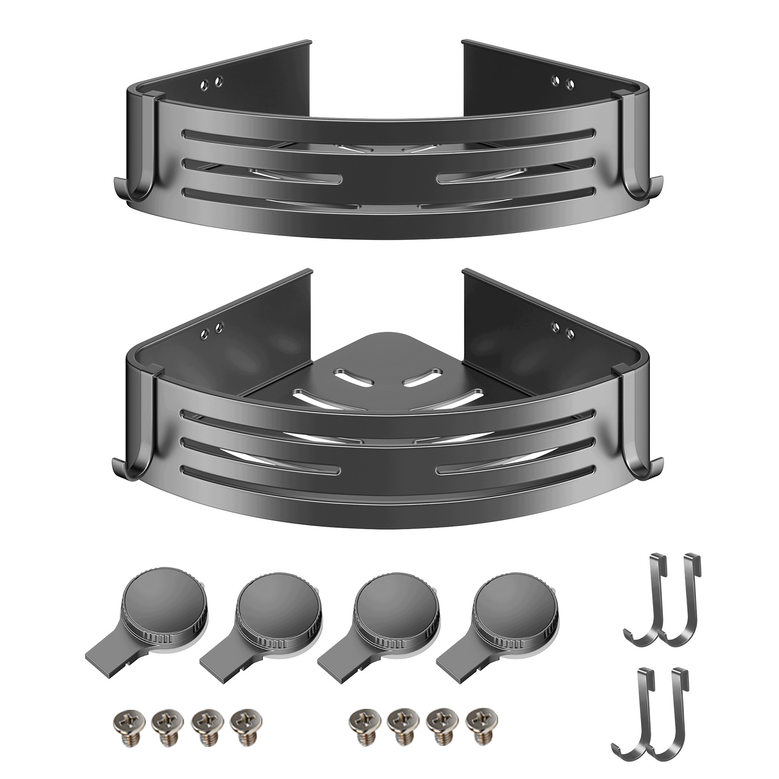 2x Rohová sprchová polička 30,5 cm, s přísavkami, hliníková, s háčky, tmavě šedá (gunmetal)