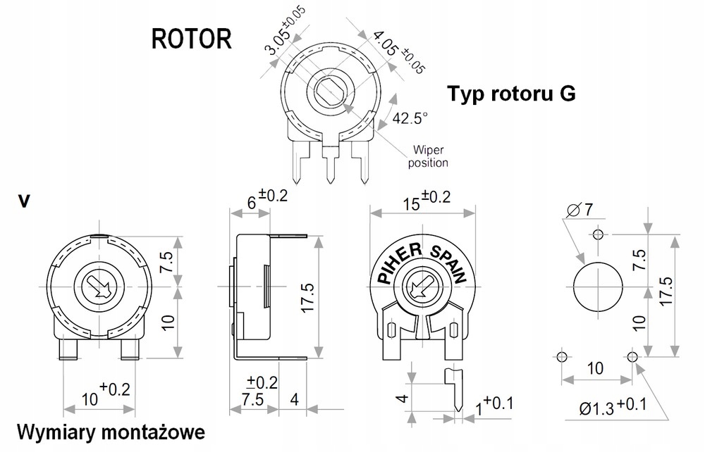 POTENCJOMETR MONTAŻOWY PIHER PT15 NV 100k 15mm FV Producent Piher