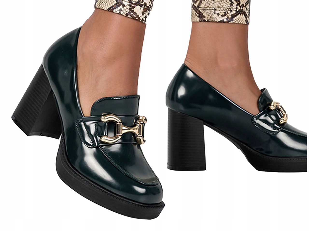 MOKASYNY DAMSKIE PÓŁBUTY NA OBCASIE SŁUPKU ZE ZŁOTĄ SPRZĄCZKĄ WKŁADKA SOFT