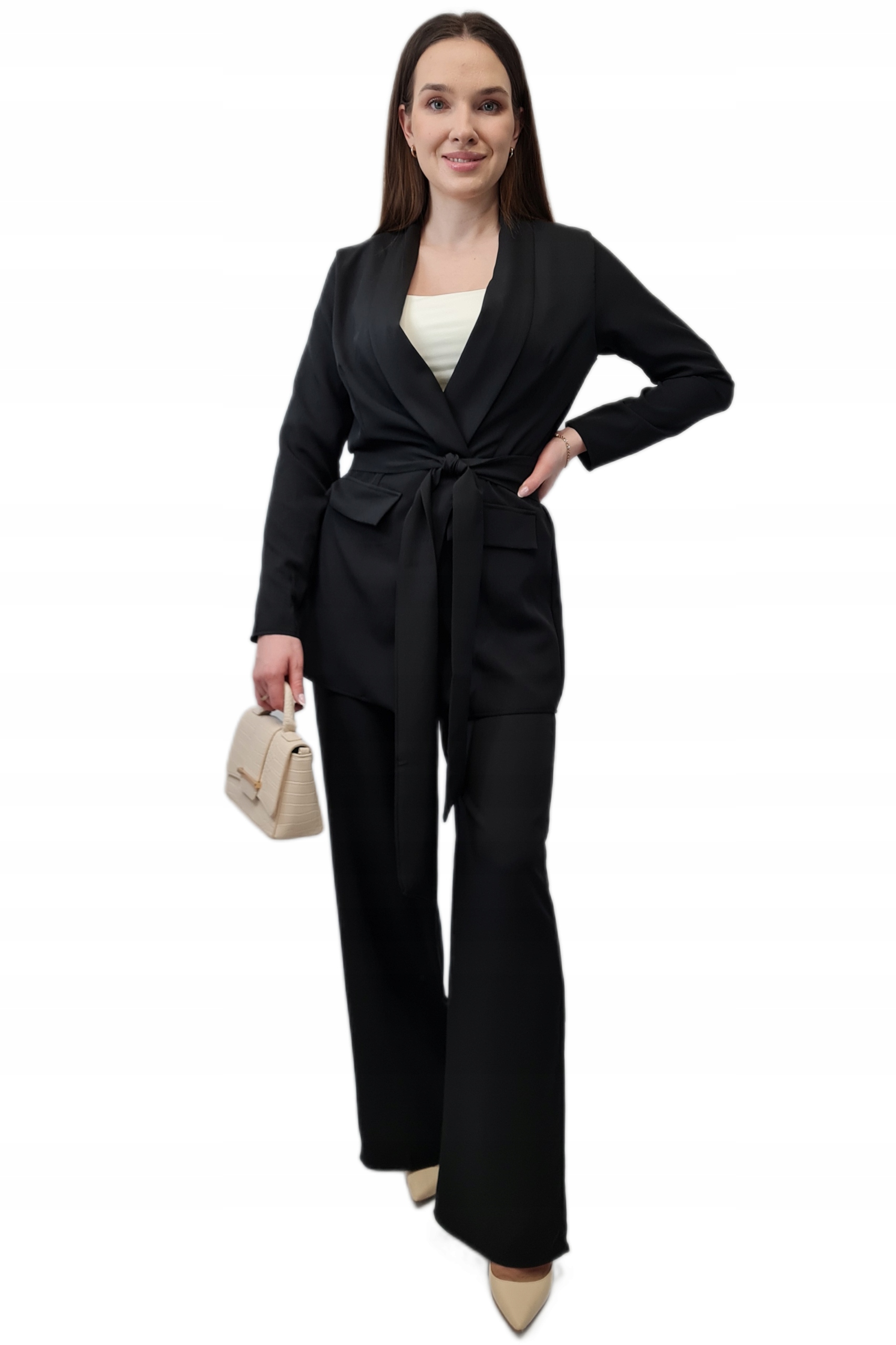 GARNITUR DAMSKI CZARNY, Wiązana marynarka, ELEGANCKI KOMPLET Damski, r. L Rozmiar L