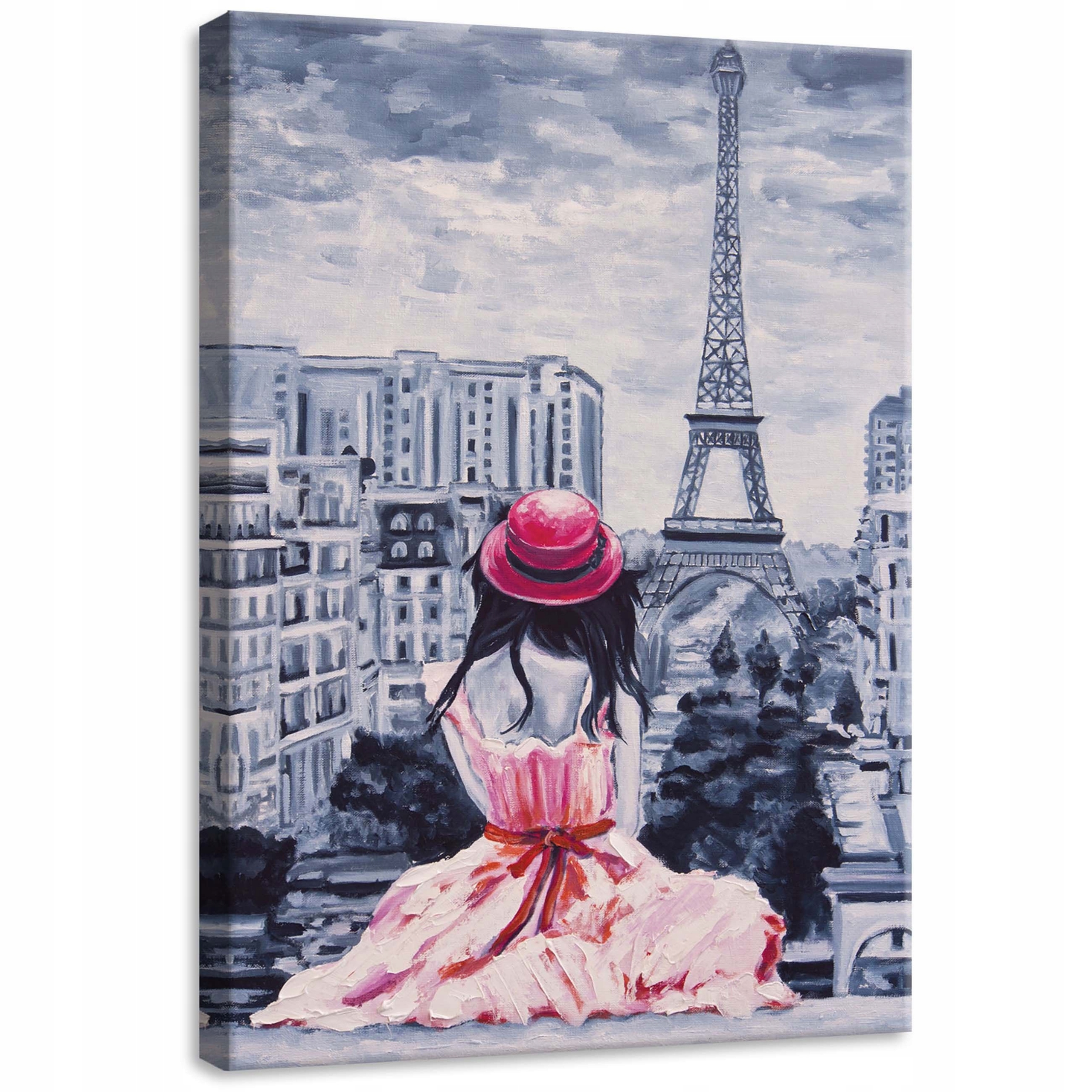 Obraz 50x70 Eiffelova věž Paříž žena růžová šaty klobouk krajina