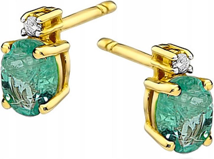Zlaté náušnice 585 šroubovací tyčinky smaragd s elegantními diamanty 14kt