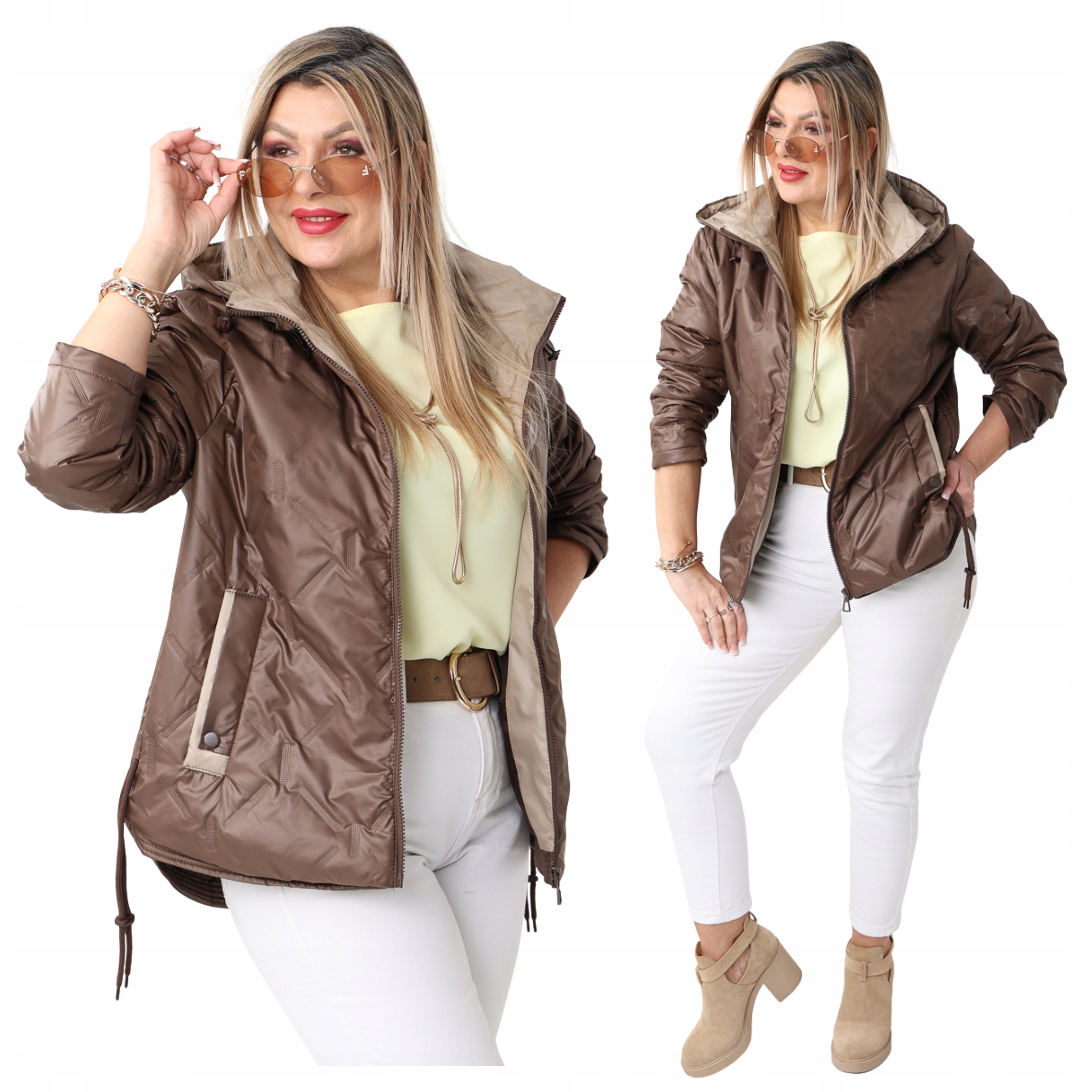 Pikowana Przejściowa Kurtka Damska Duże Rozmiary Regulowana Po Bokach