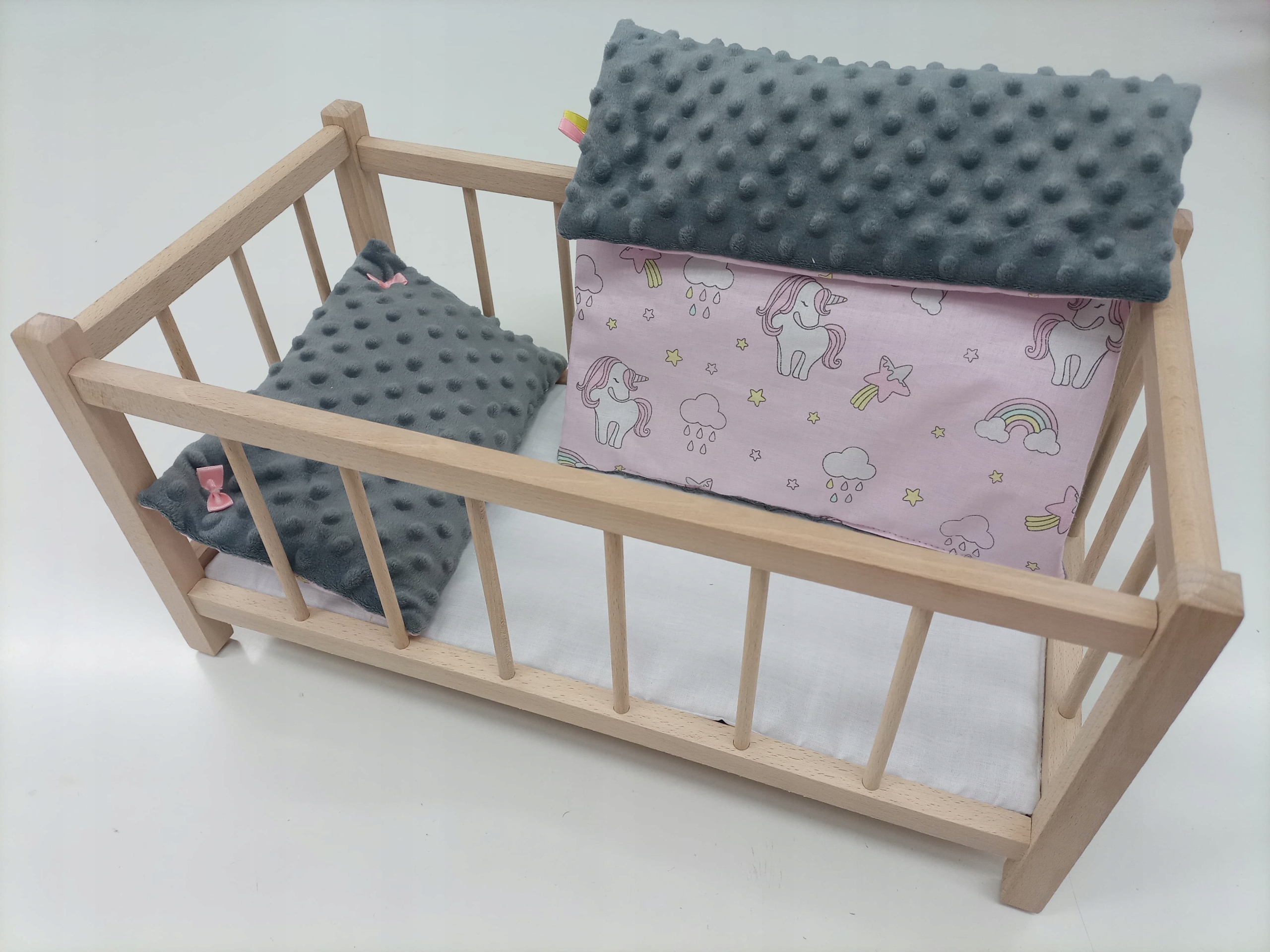 DREWNIANE ŁÓŻECZKO DLA LALEK + POŚCIEL MINKY