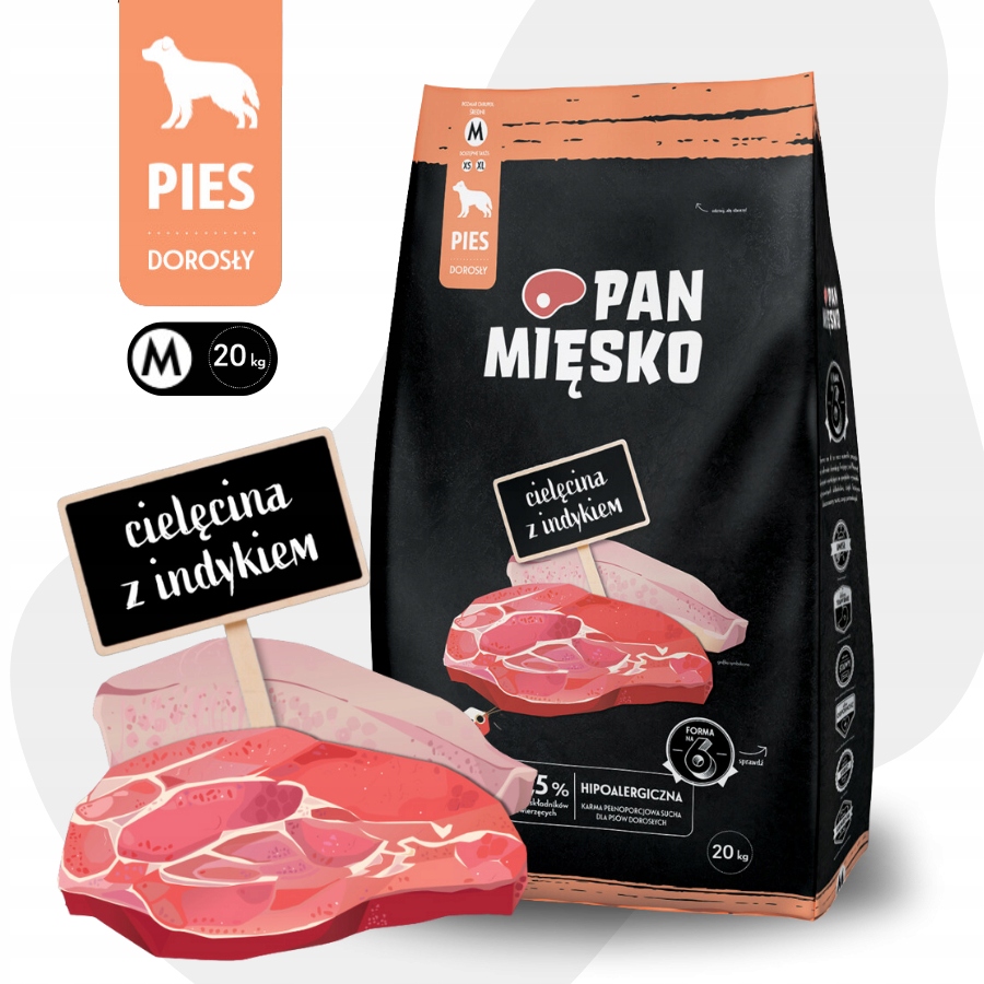 Pan Mięsko Karma sucha dla psa Cielęcina Indyk Warzywa Średnie rasy M 20kg
