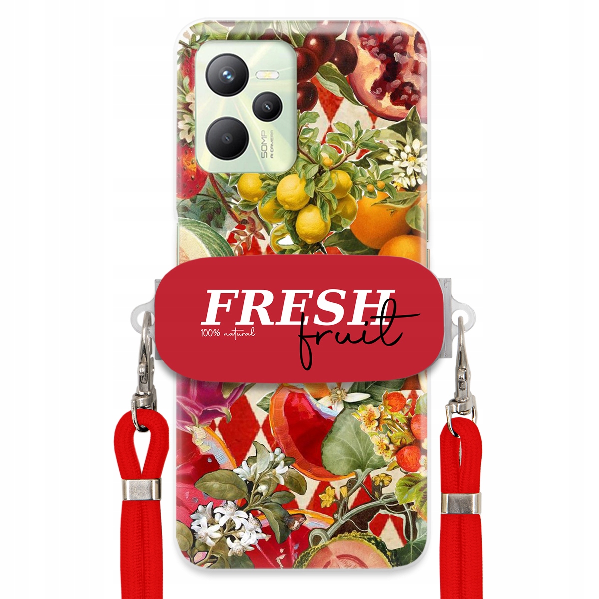 Puzdro pre Realme C35 Červené Crossbody vodítko držiak Fresh Fruit Ovocné