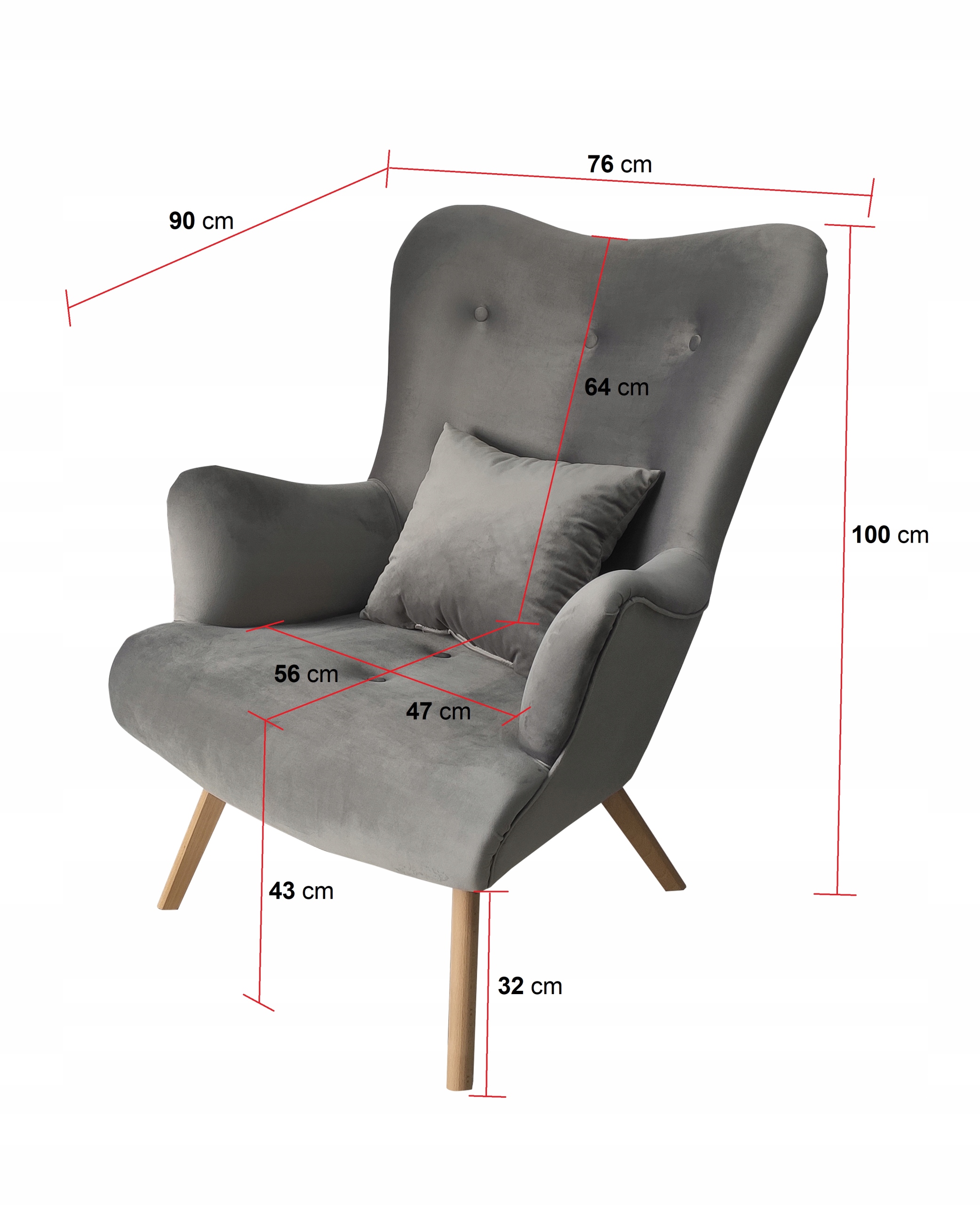 Fotel USZAK skandynawski WYBÓR TKANIN ŻÓŁTY Wysokość siedziska 43 cm