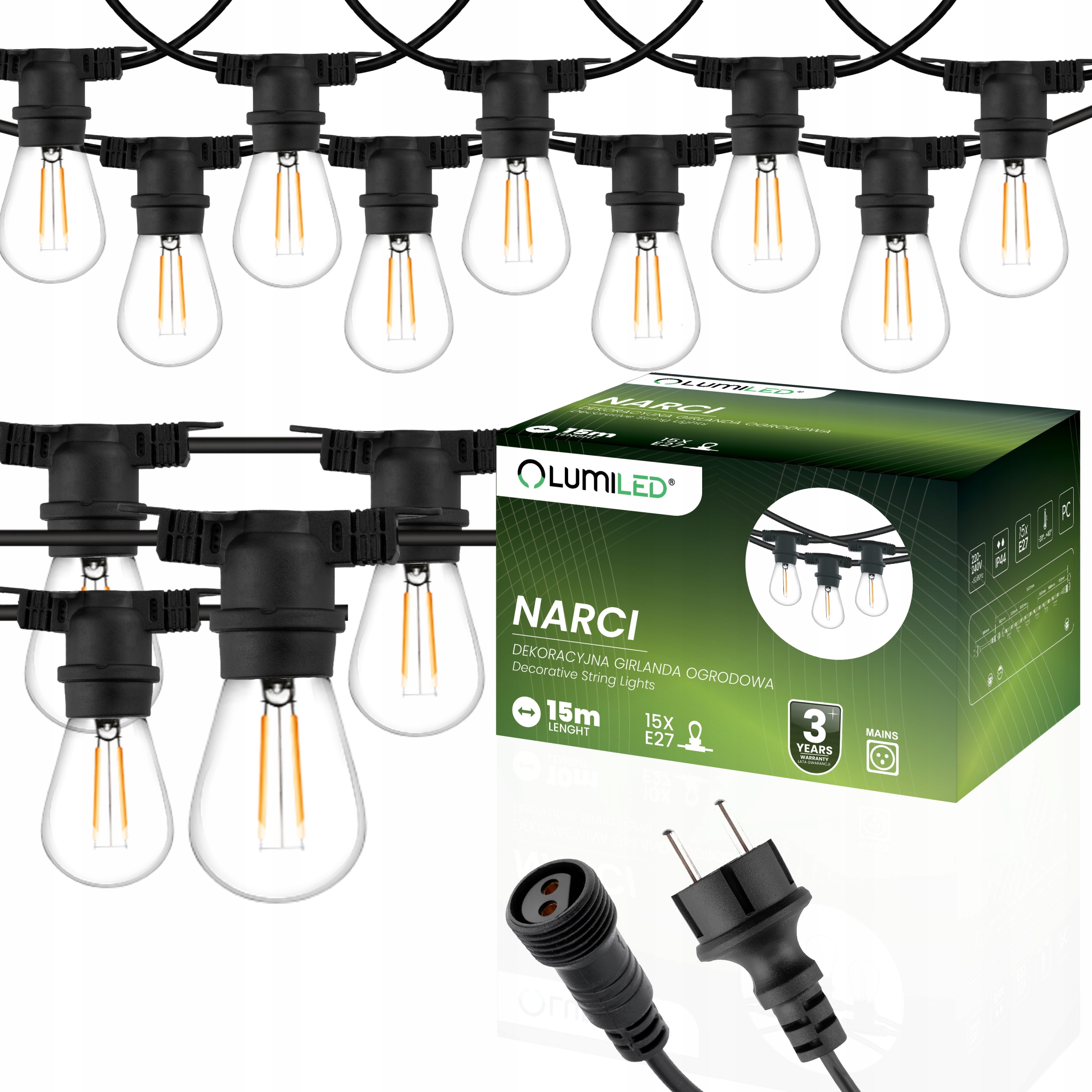 Venkovní zahradní girlanda s řetězem Led žárovka 15 m 15x E27 2W Premium