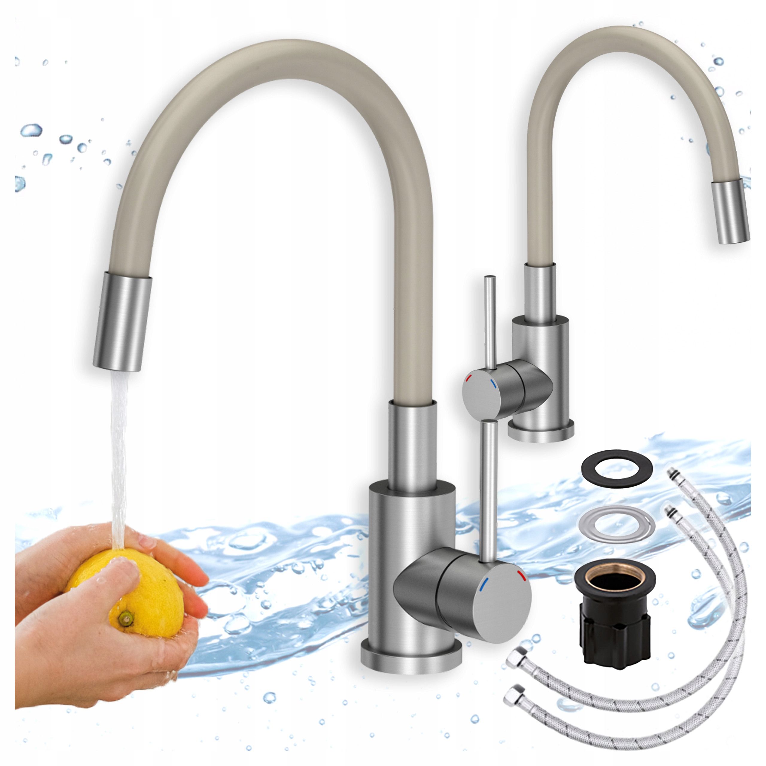 Kuchyňská Baterie Masivní Stojánková Ocel Inox Flexibilní Ohýbaná Výtoková Béžová