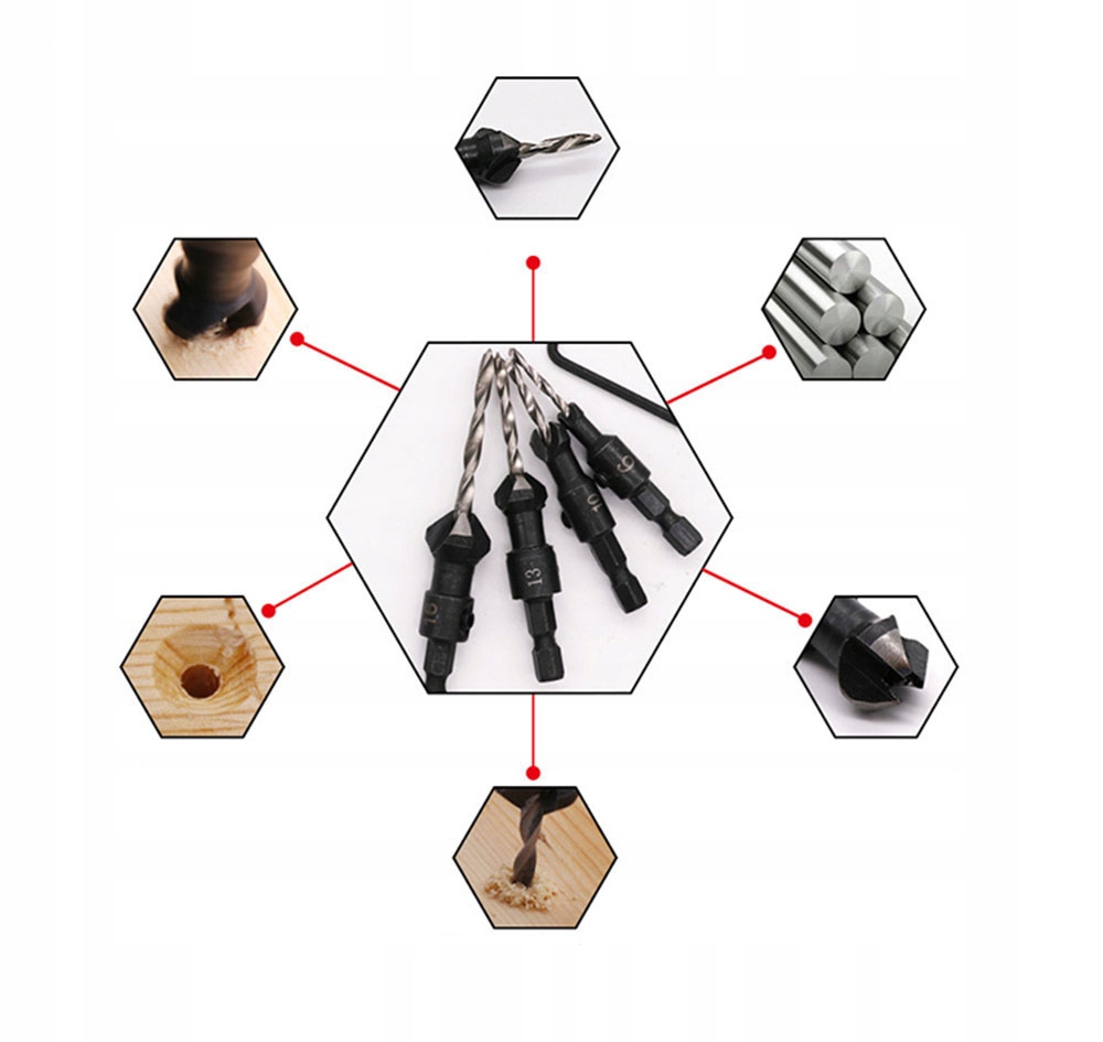 Wiertła do Drewna z Gzymką Fazownikiem + IMBUS nawiertaki z pogłębiaczem M2 Stan opakowania oryginalne