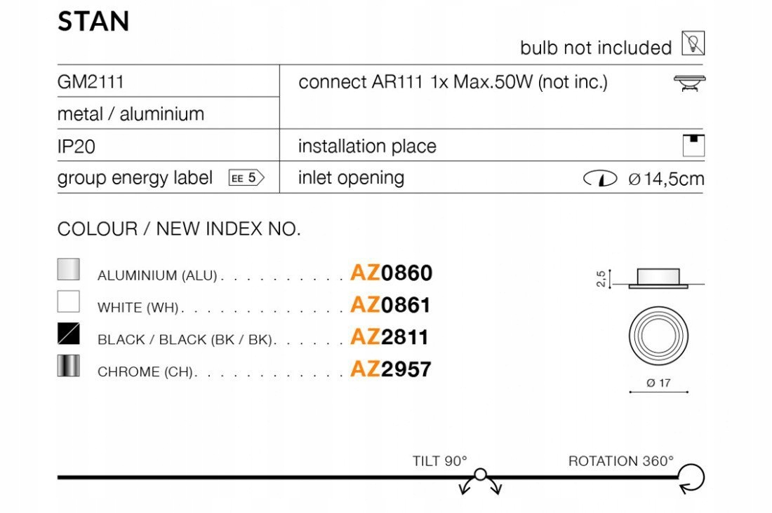 Oprawa wpuszczana oczko Stan AZ0860 Azzardo Zasilanie sieciowe