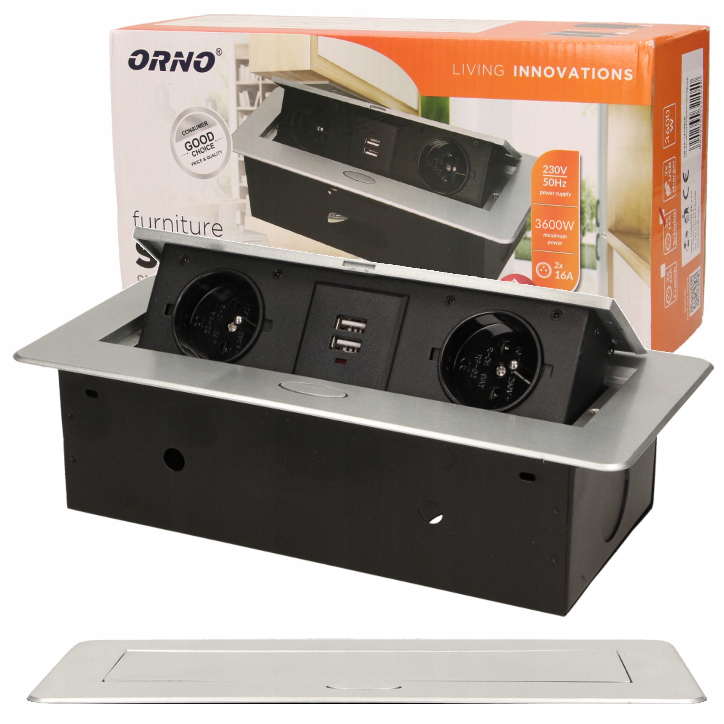 Gniazdo Chowane W Blat Nablatowe Gniazdko Wpuszczane 2x230V 2xUSB Srebrne