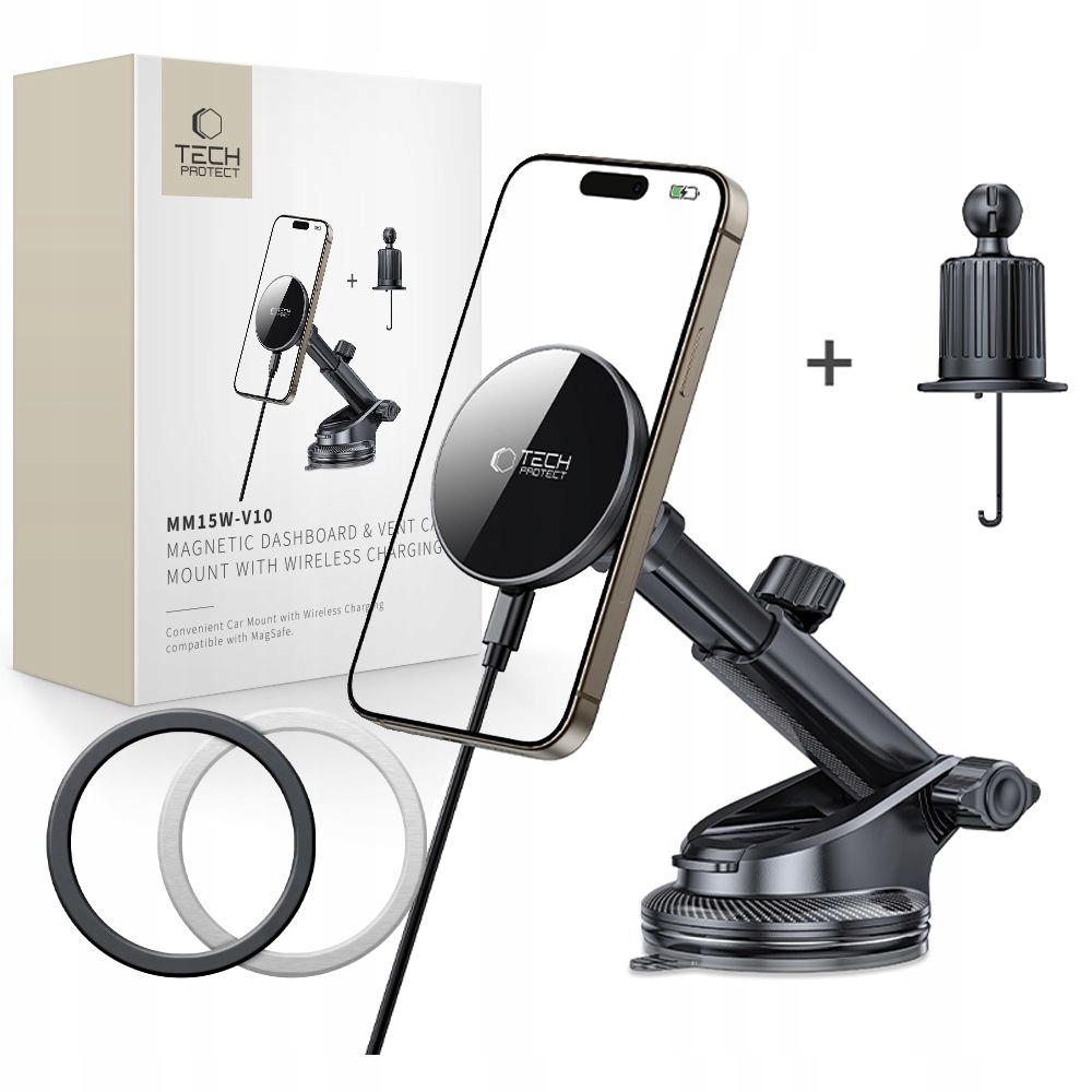 Tech-protect MM15W-V10 Magnetický Držák Do Auta Na Palubní Desku A Ventilaci S Bezdrátovým Nabíjením Magsafe
