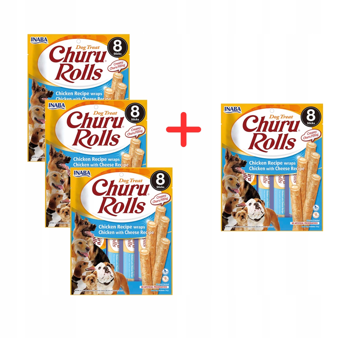 Inaba Dog Churu Rolls Wraps 4x96g psí pamlsek Kuřecí sýr
