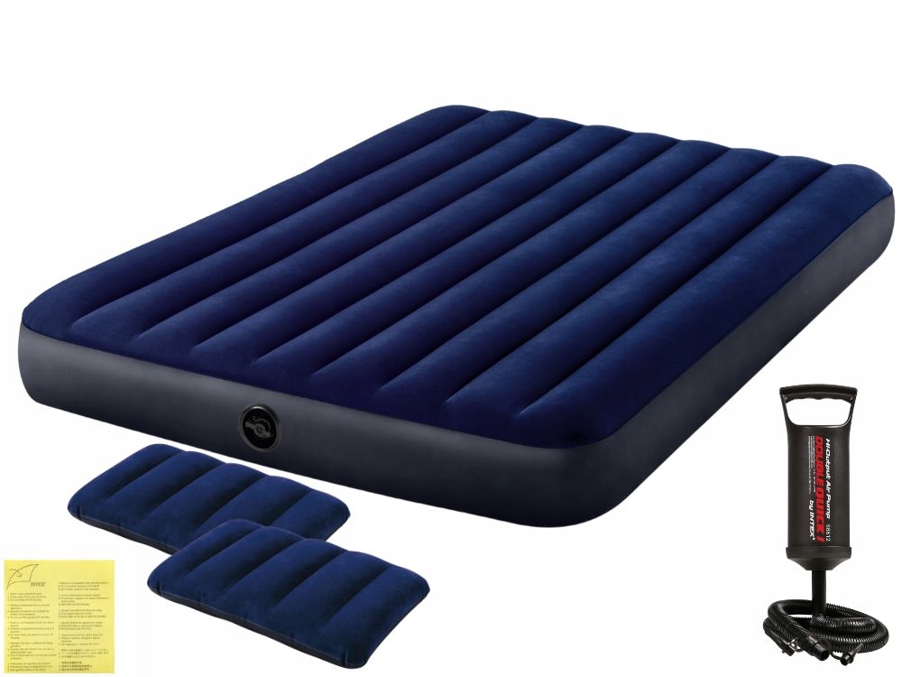 Materac Dmuchany Dwuosobowy Welurowy Łóżko Intex z Pompką 2 Poduszki