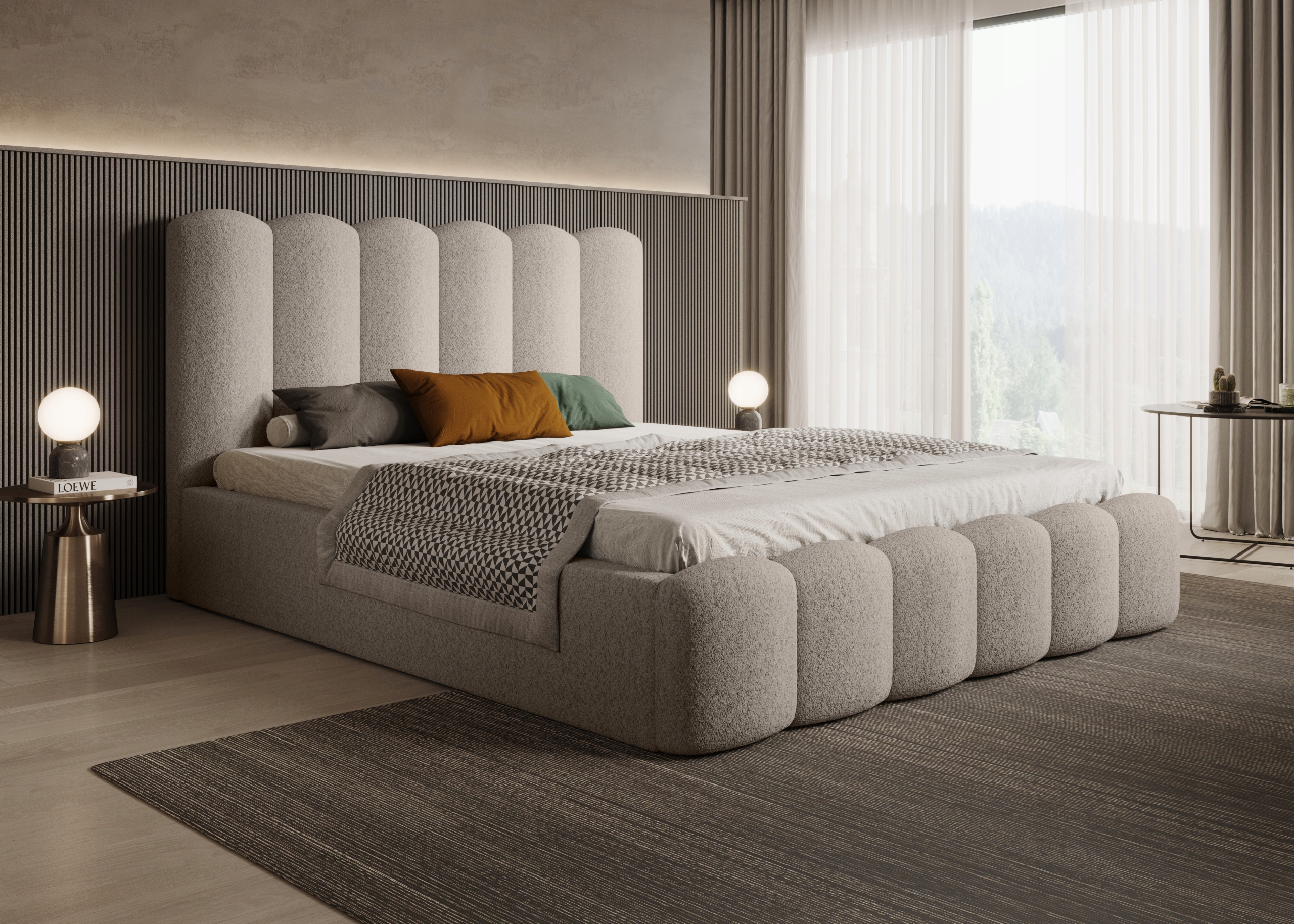 Nowoczesne łóżko tapicerowane 180x200 + pojemnik na pościel MONA V