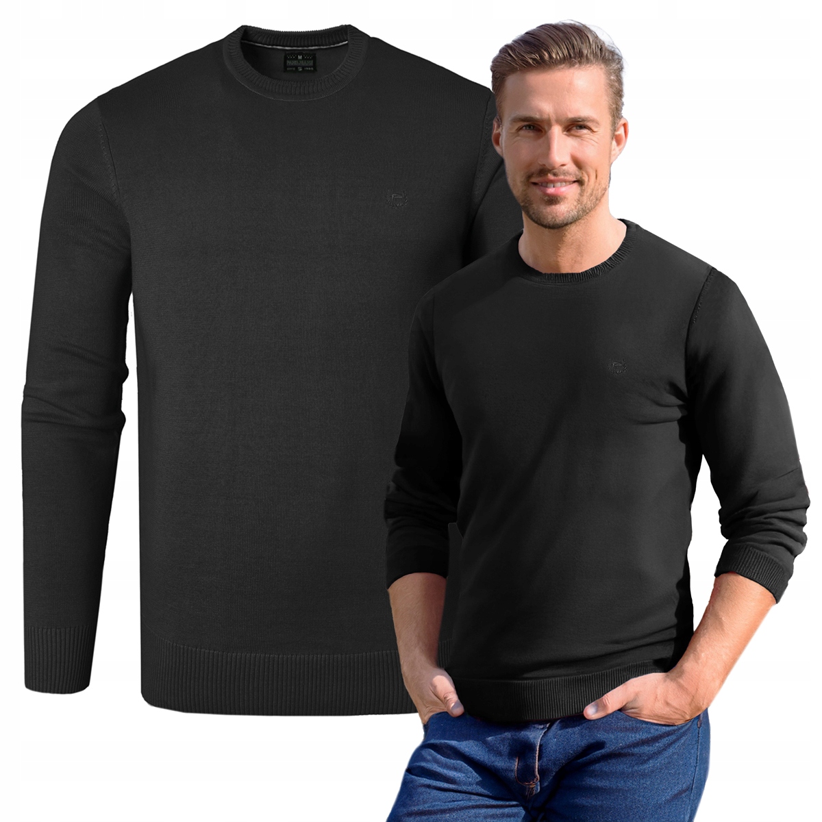 Pánský svetr Klasický Jednobarevný Hladký Basic Černý XL Pako Jeans