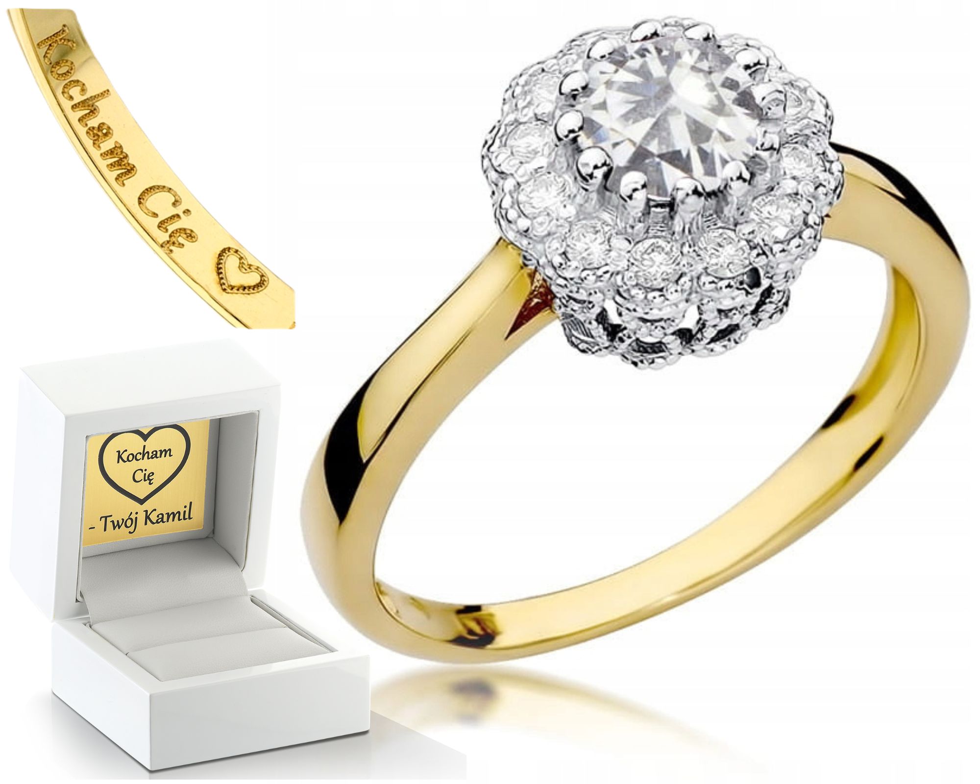 Žluté Zlato Prstýnek Bílý Safír Brilianty 585 Gravírování Bonus