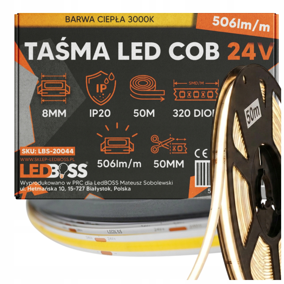 Taśma Led Cob 24V 50m 320DIOD 4.6W/M 506LM/M Jednolita 3000K Ledboss
