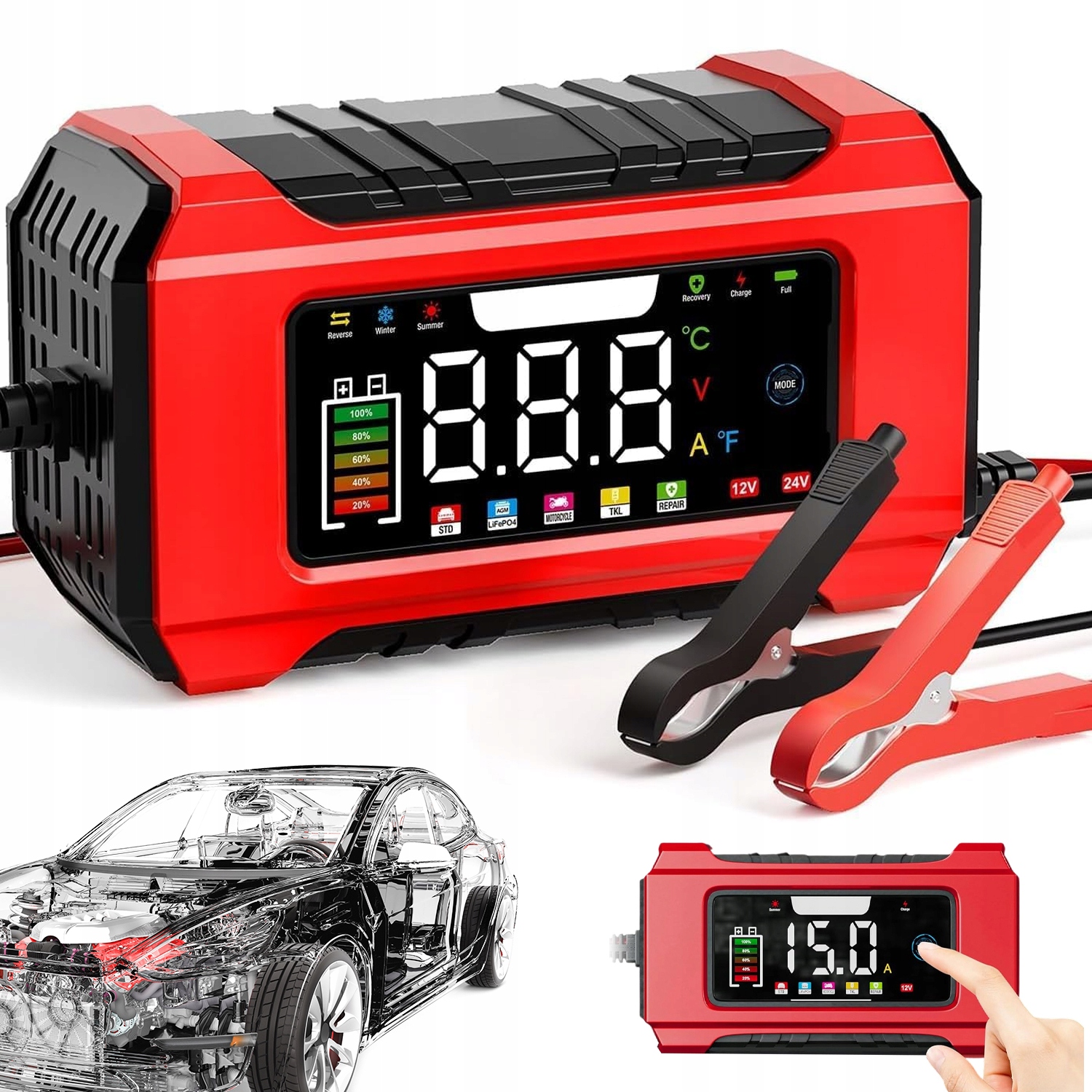 Automatický Inteligentní Nabíječ A Nabíječka 12V/24V, Červený Displej