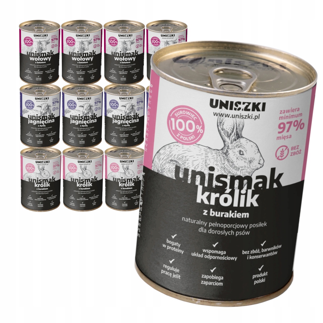 Levně Uniszki Unismak 12x400g Vlhké Krmivo pro psa Mix Jehněčí králík Hovězí maso
