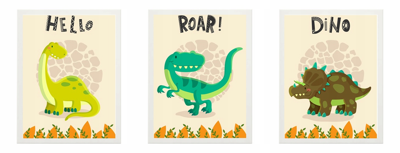 ZESTAW 3 obrazki PLAKAT A4 TRYPTYK DINOZAURY 21x30
