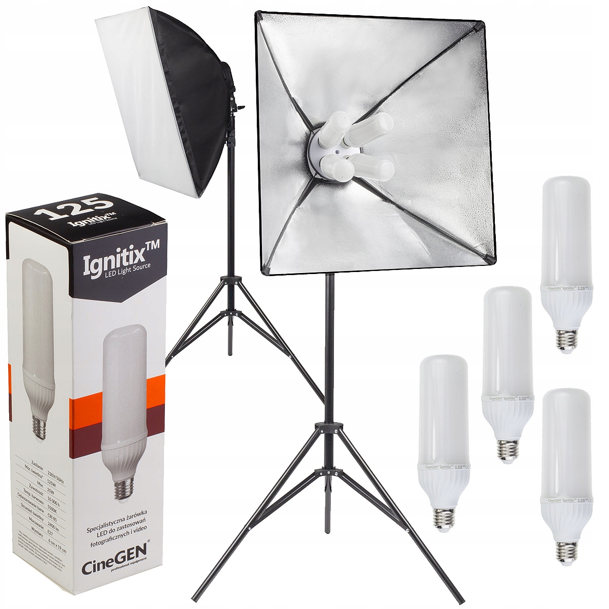 Studiová lampa 4x Led fotografická žárovka 125W softbox 60x60 stativ