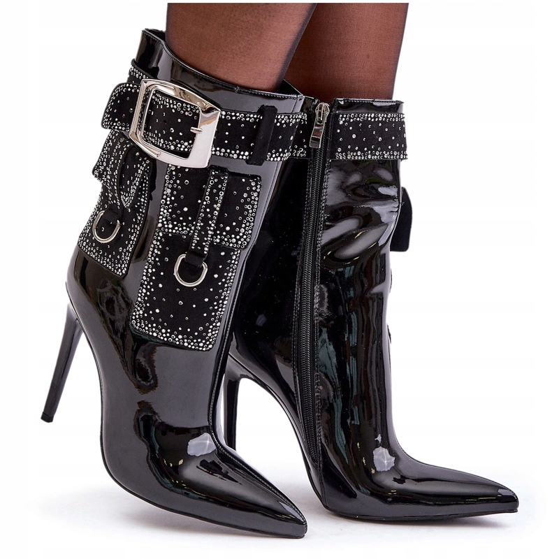 Kotníkové Boty Z Lakované Eko Kůže, Zdobené Špendlíkem, Spona, Černý Zip 39