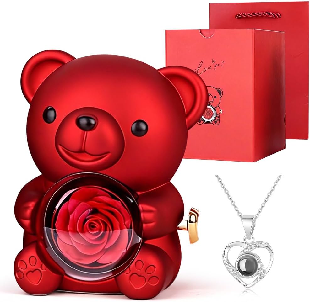 Věčný růžový medvídek s růží a náhrdelníkem – elegantní Dárek pro ženy