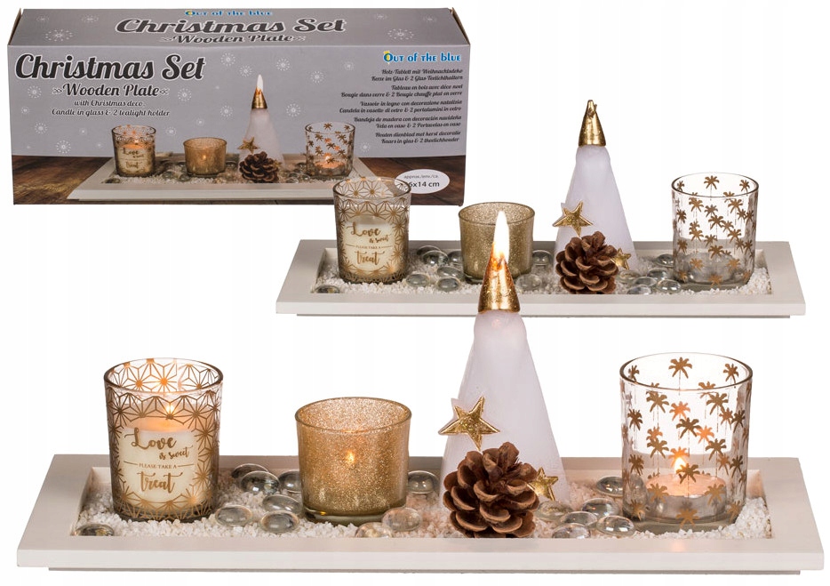 

Zestaw Świeczników Na Drewnianej Podstawce Kamyki