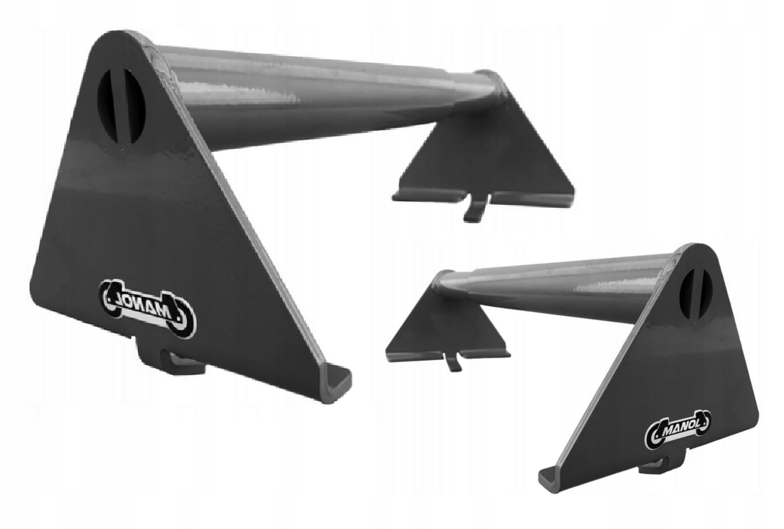 Dvojice 2 kusů tmavě šedých zámků na kola pro nájezd odtahového vozu typu Lohr 29-46 cm