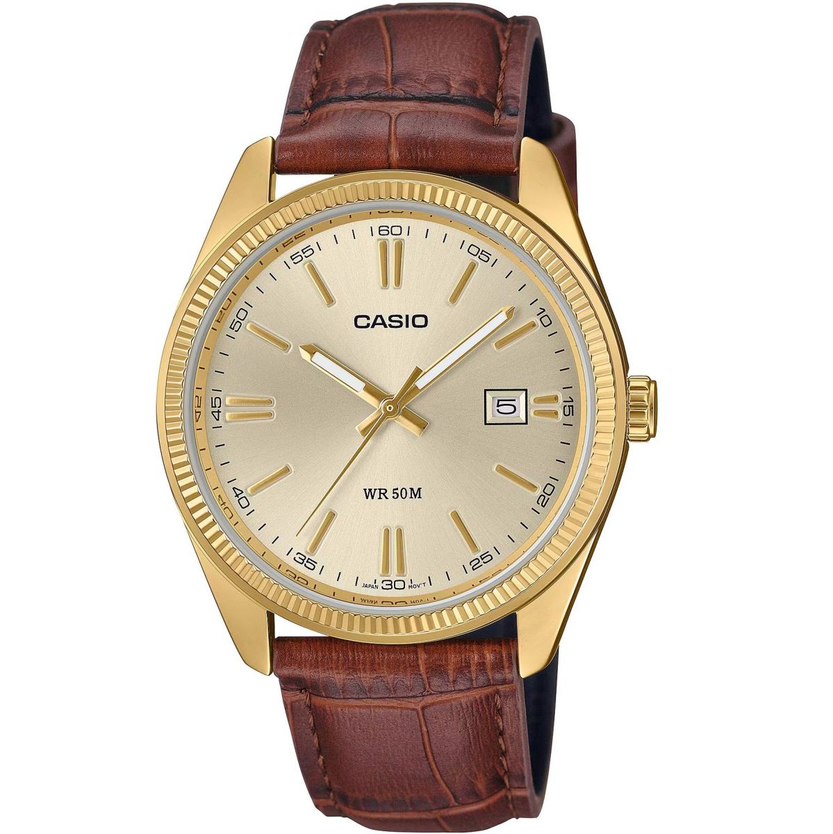 Casio klasické zlaté hodinky na hnědém řemínku MTP-1302PGL-9AVEF
