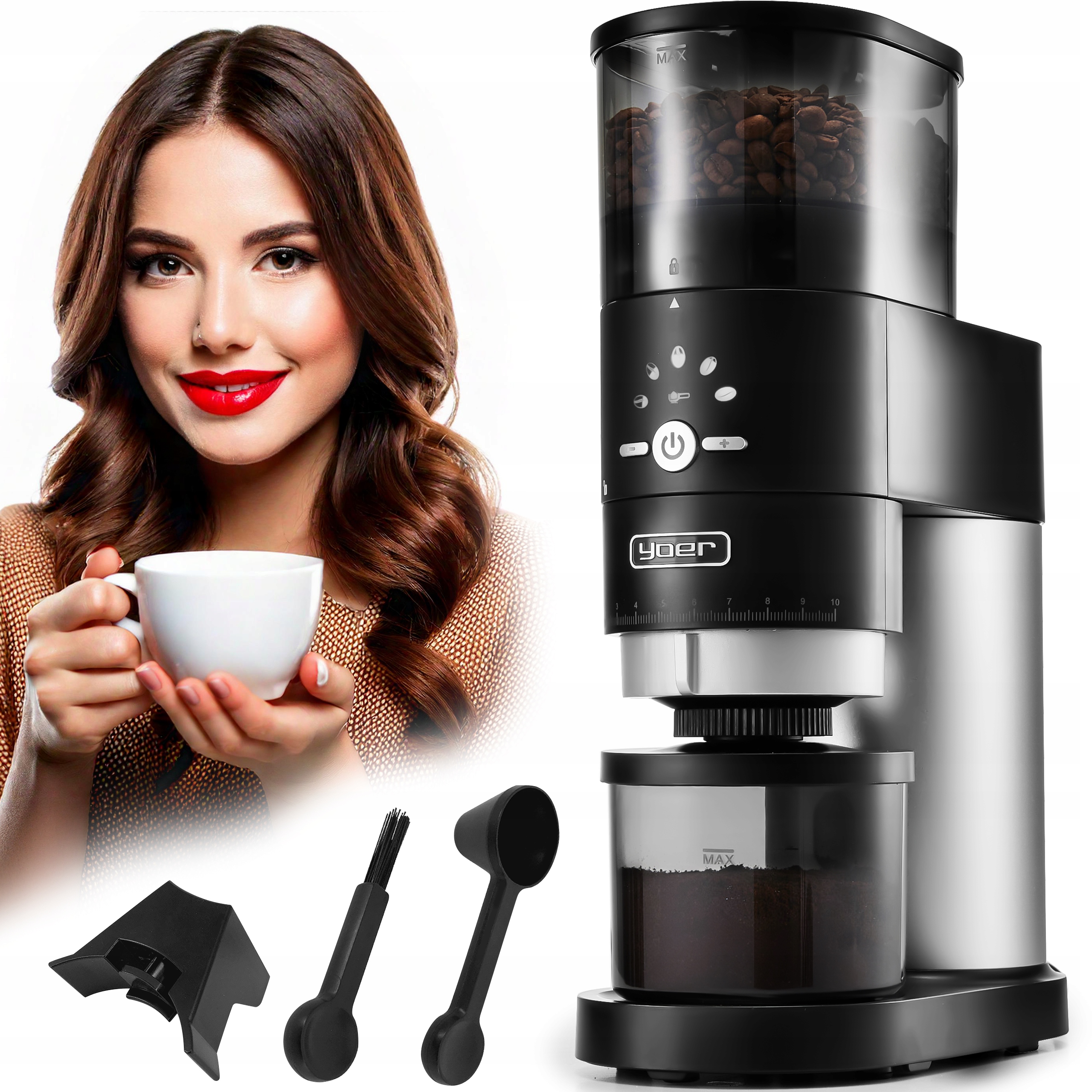 Żarnowy elektryczny młynek kawy Yoer 350W automatyczny +43 Poziomy mielenia