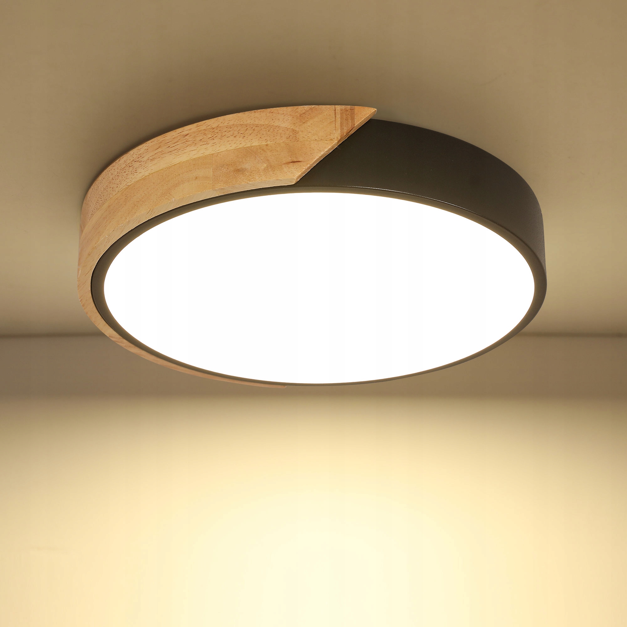 Lampa Sufitowa Plafon Led Czarny Drewno Okragły Nowoczesny 30W 3000K
