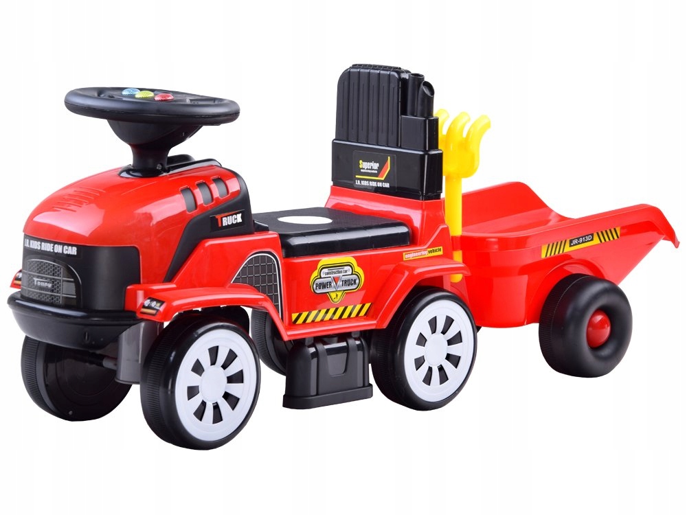 Jeździk Traktor Z Przyczepą Dźwięk Skrętne Koła Grabki Łopatka
