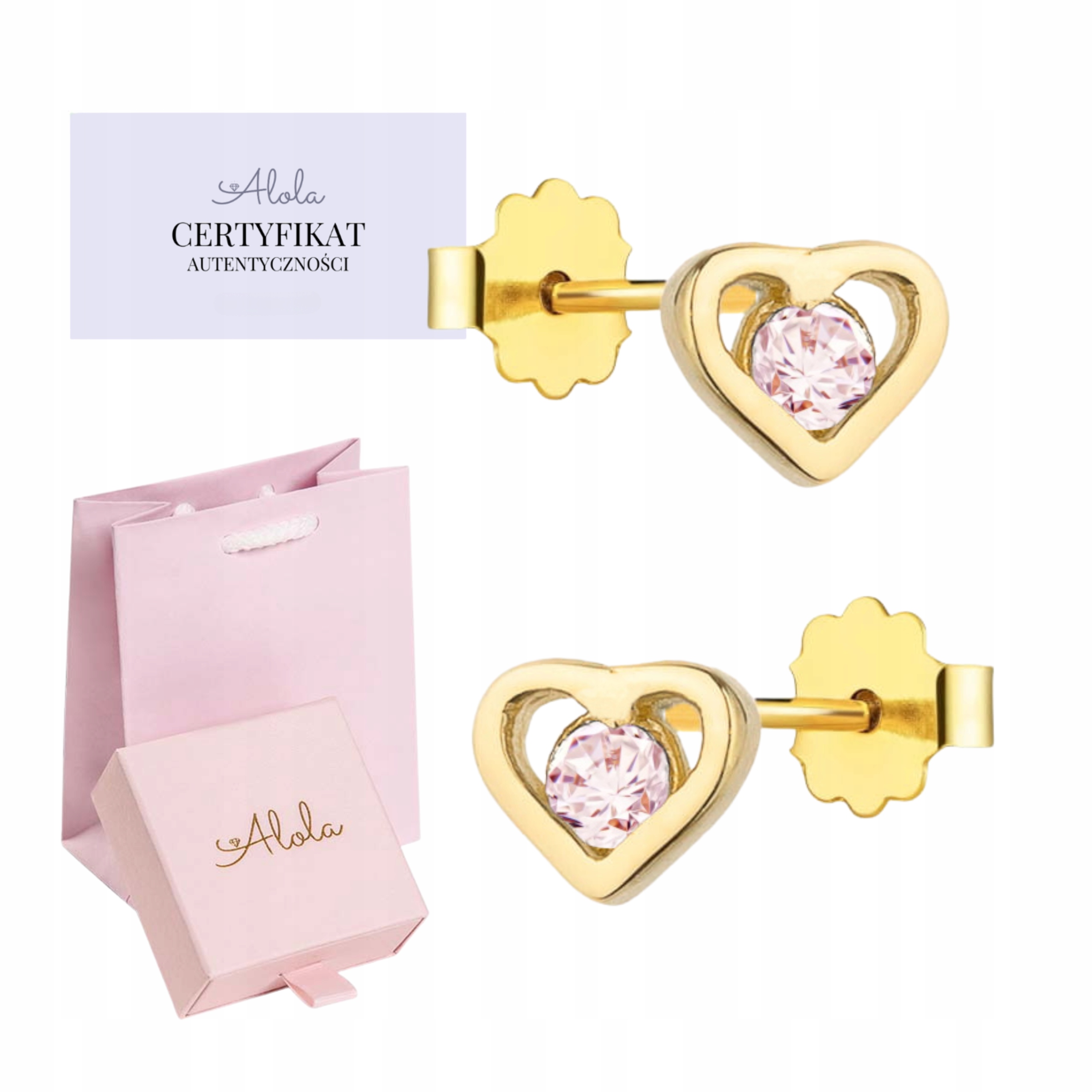 Kolczyki złote dla dziewczynki serduszka z różową cyrkonią 585 wkrętki