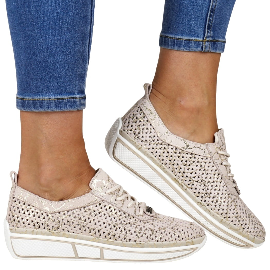 Dámské Kožené Polobotky Sportovní Ažurové Na Platformě Béžové Lehké