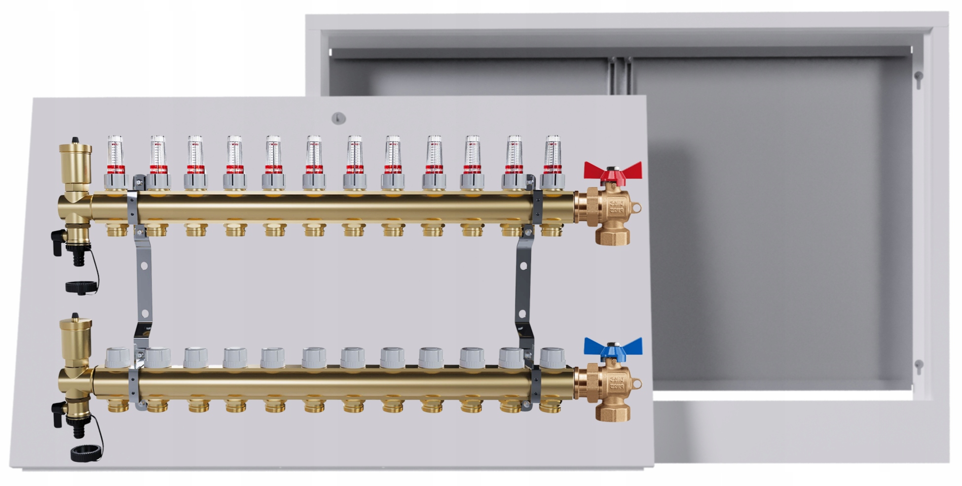 Rozdělovač mosazný podlahový 12 okruhů nástěnná skříňka Kulový Kohout
