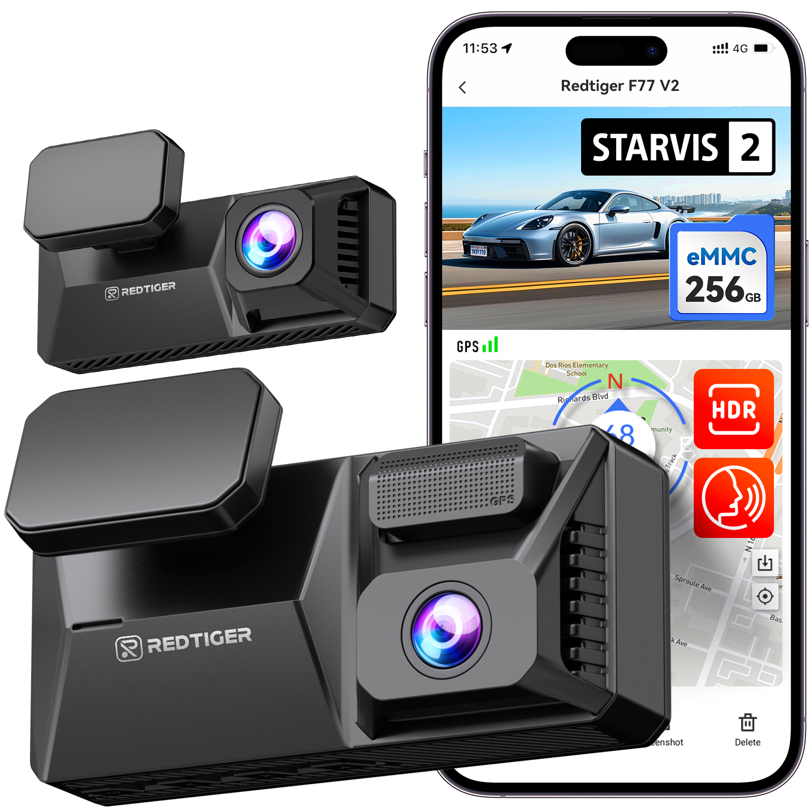 Autokamera Redtiger F77 V2 Duálna 4K Kamera do Auta s 256GB eMMC Pamäťou a Hlasovým Ovládaním
