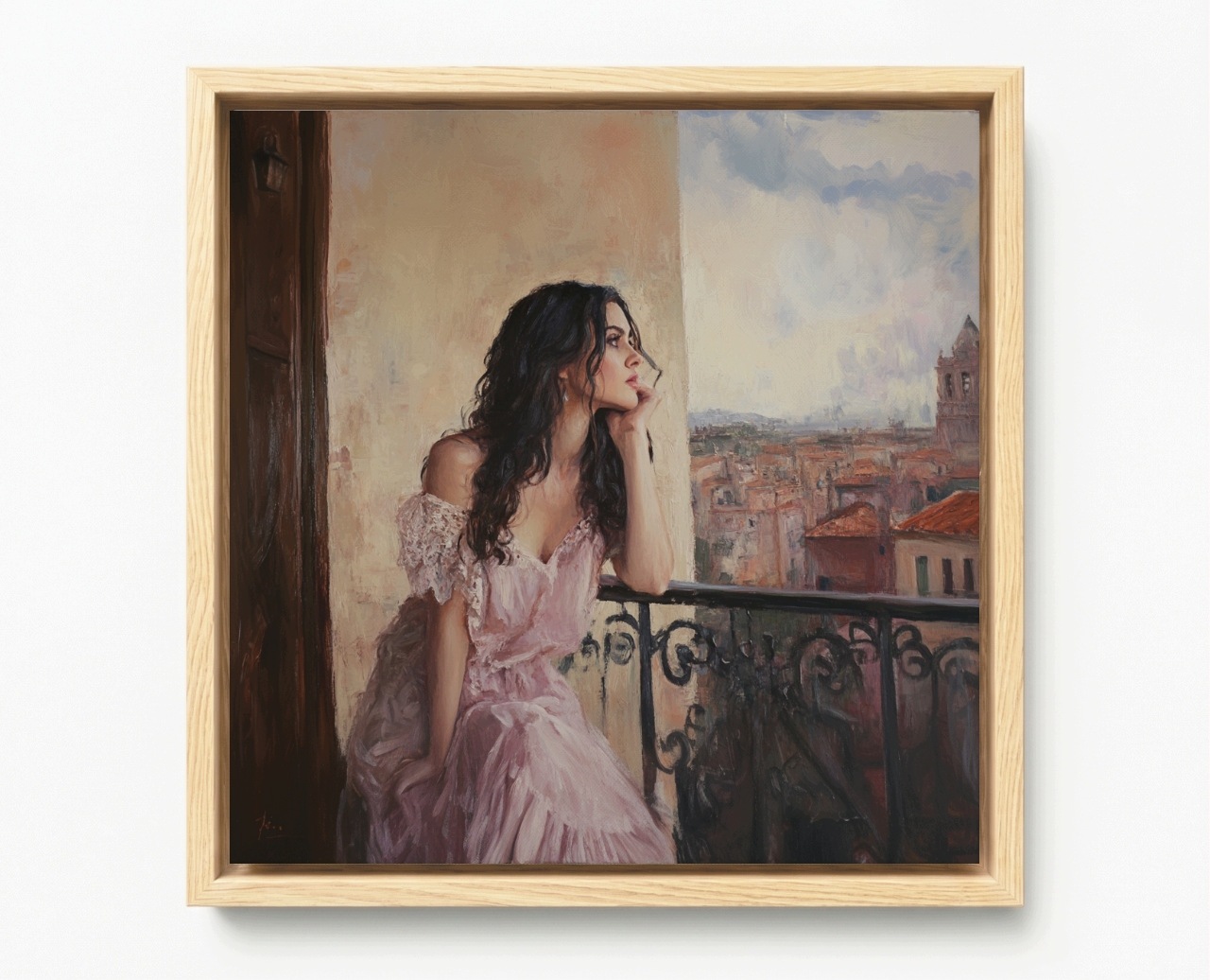 Obraz Rám American Box Portrét Žena Balkon Město Itálie Pohled 40x40