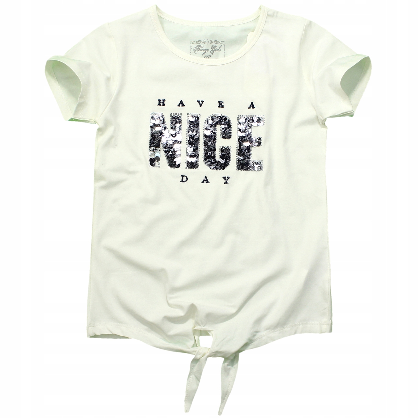 T-SHIRT Bluzka WIĄZANA Cekiny Z NADRUKIEM 134