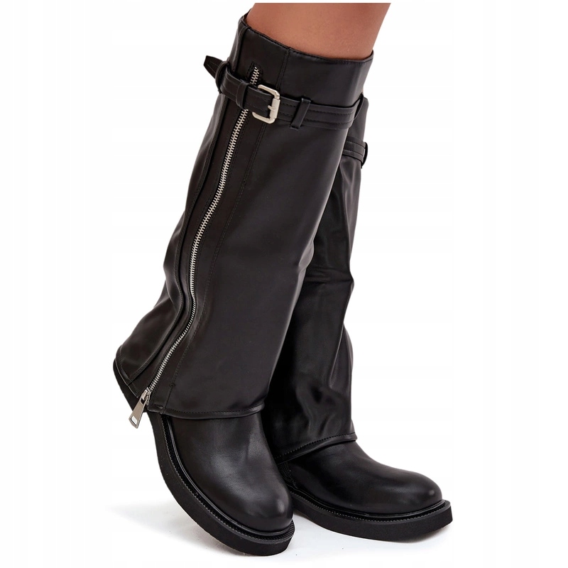 Dámské Kozačky S Ohrnutým Svrškem Svršek Zateplená Spona Černá 37