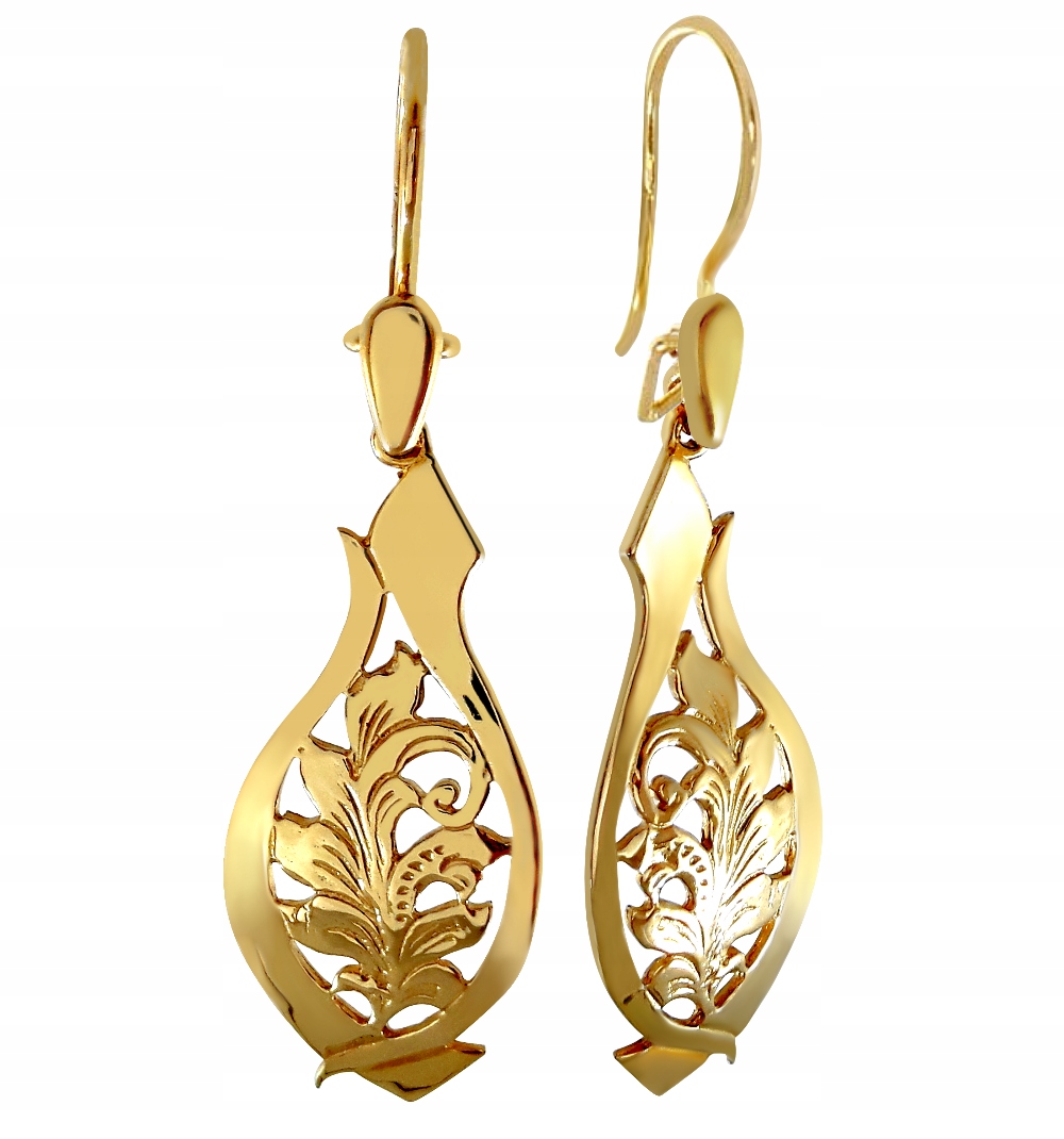 Zlaté Závěsné Náušnice Ažurové 585 Lístky Slzička