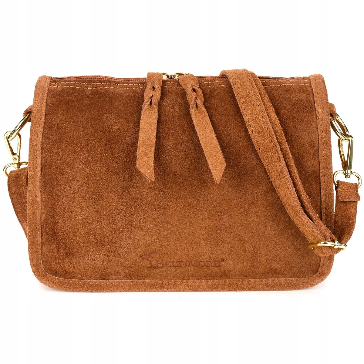 

Torebka zamszowa listonoszka z paskiem Camel